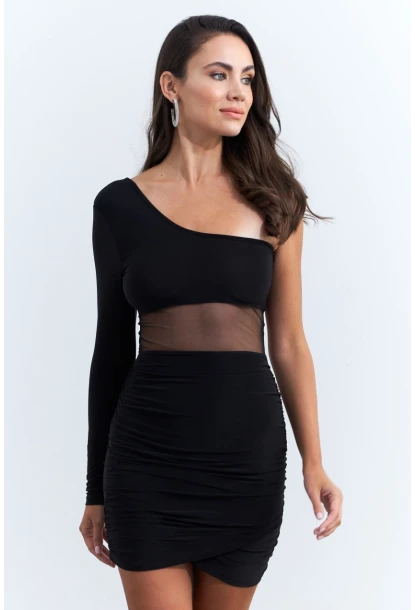 Kadın Siyah Drapeli Tül Detaylı Mini Yılbaşı Elbise ELT3850