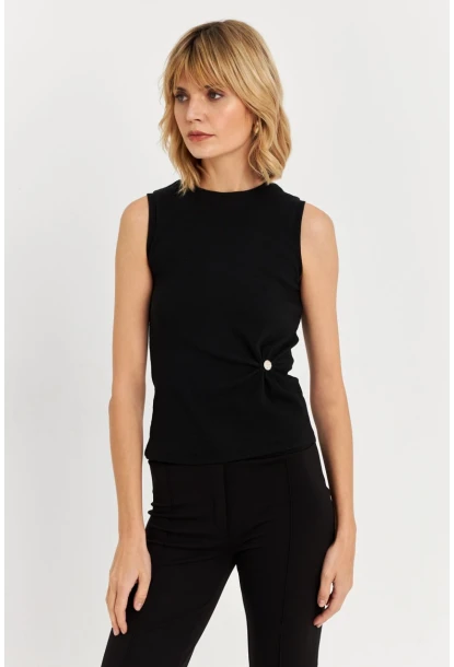 Kadın Siyah Düğme Aksesuarlı Büzgülü Bluz TF72