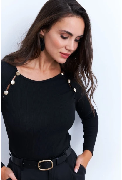 Kadın Siyah Düğme Aksesuarlı Kaşkorse Bluz EY2945