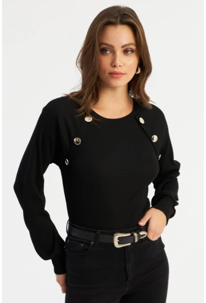Kadın Siyah Dügme Aksesuarlı Kaşkorse Bluz EY2946