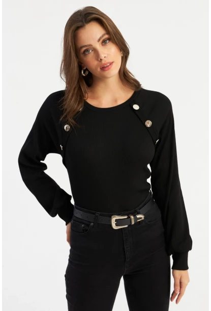 Kadın Siyah Dügme Aksesuarlı Kaşkorse Bluz EY2946