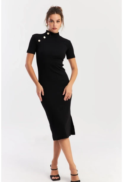 Kadın Siyah Düğme Aksesuarlı Kaşkorse Midi Elbise EY2931
