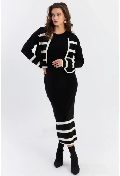 Kadın Siyah Düğme Aksesuarlı Triko Takım NUV38