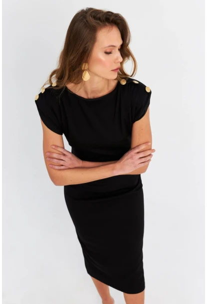 Kadın Siyah Düğme Aksesuarlı Vatkalı Midi Elbise MOD4272