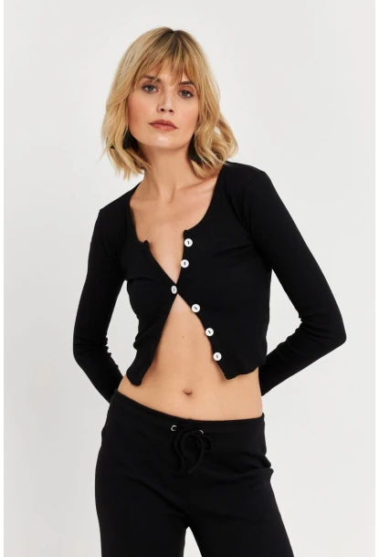 Kadın Siyah Düğme Detaylı Basic Bluz ALB3814