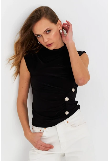Kadın Siyah Düğme Detaylı Bluz LPP1022