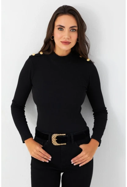 Kadın Siyah Düğme Detaylı Bluz MAYD14