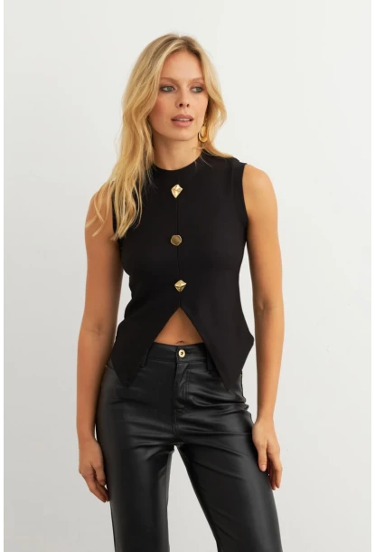 Kadın Siyah Düğme Detaylı Bluz RLO145