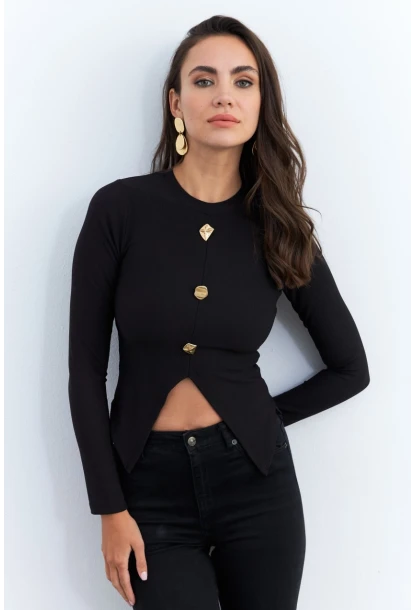 Kadın Siyah Düğme Detaylı Bluz RLO83