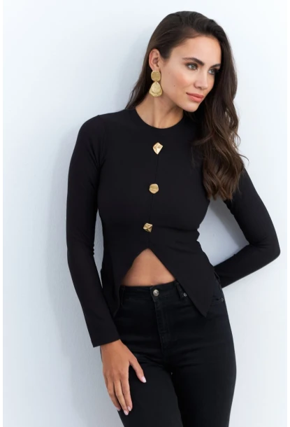 Kadın Siyah Düğme Detaylı Bluz RLO83