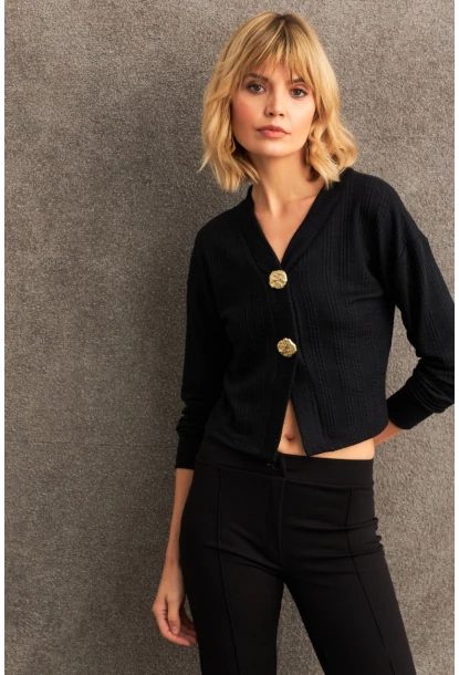 Kadın Siyah Düğme Detaylı Bluz TF57