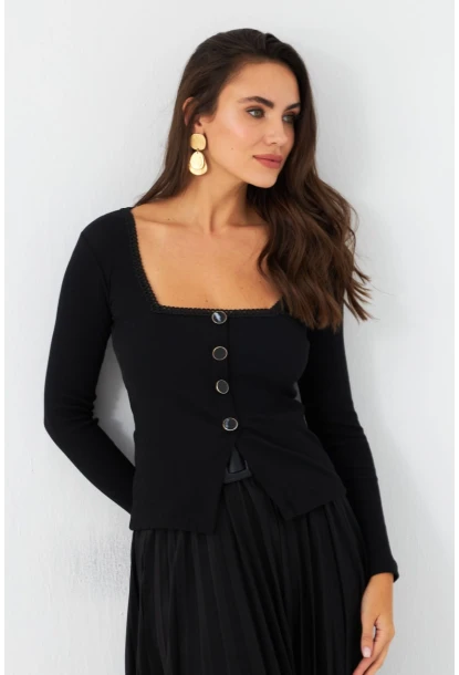 Kadın Siyah Düğme Detaylı Kare Yaka Bluz EY2987