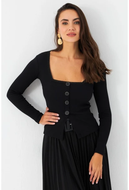 Kadın Siyah Düğme Detaylı Kare Yaka Bluz EY2987