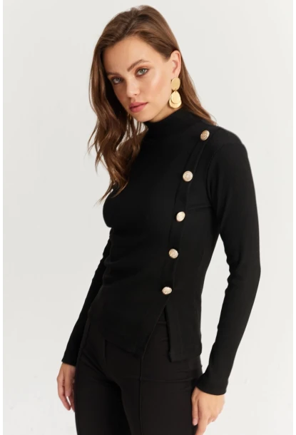 Kadın Siyah Düğme Detaylı Kaşkorse Bluz EY2927