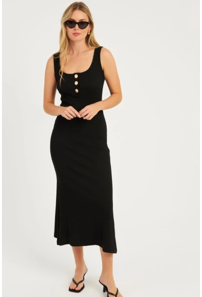 Kadın Siyah Düğme Detaylı Kaşkorse Maxi Elbise EY2759