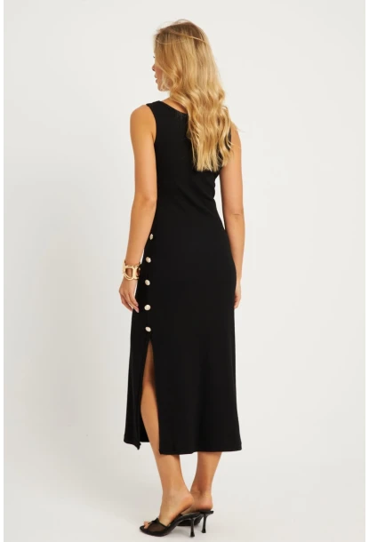 Kadın Siyah Düğme Detaylı Kaşkorse Midi Elbise EY2837
