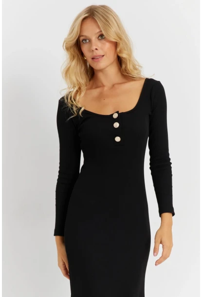 Kadın Siyah Düğme Detaylı Kaşkorse Midi Elbise EY2854