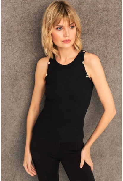 Kadın Siyah Düğme Detaylı Kolsuz Kaşkorse Bluz TF55