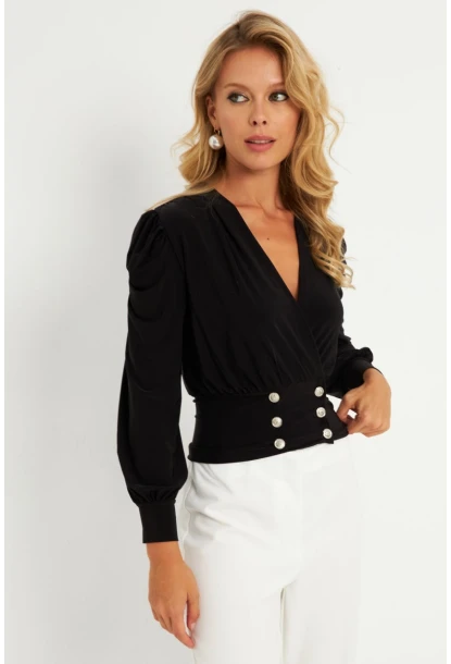 Kadın Siyah Düğme Detaylı Kruvaze Bluz ELT3188