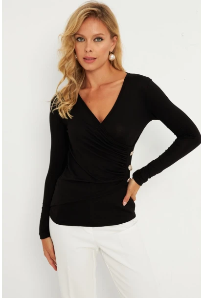 Kadın Siyah Düğme Detaylı Kruvaze Bluz EY2865