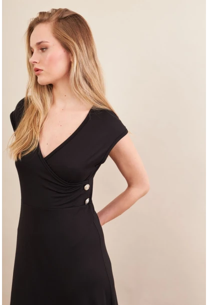 Kadın Siyah Düğme Detaylı Kruvaze Midi Elbise EY0011