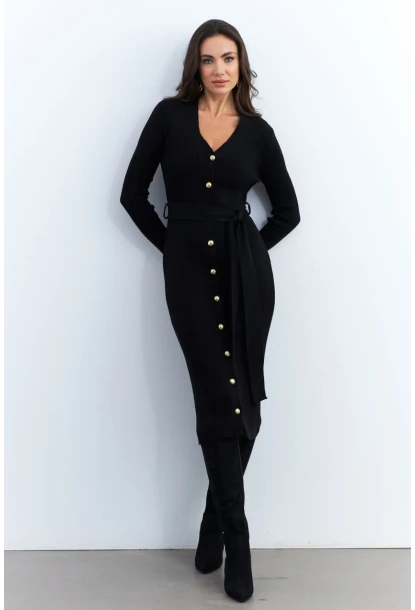 Kadın Siyah Düğme Detaylı Kuşaklı Midi Elbise MŞ1