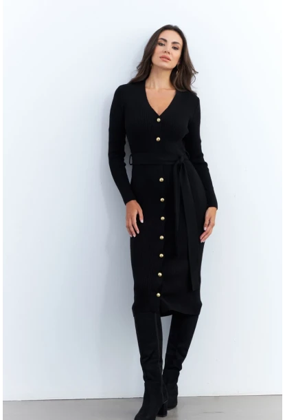 Kadın Siyah Düğme Detaylı Kuşaklı Midi Elbise MŞ1