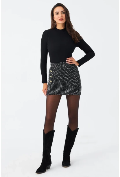 Kadın Siyah Düğme Detaylı Mini Etek RX447