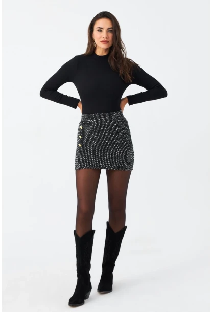 Kadın Siyah Düğme Detaylı Mini Etek RX447