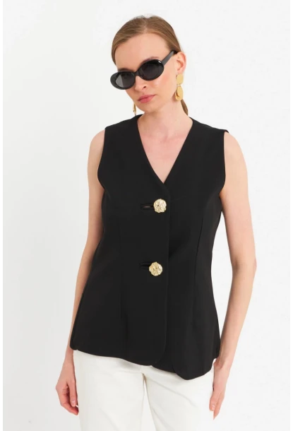 Kadın Siyah Düğme Detaylı Yelek CAR1152