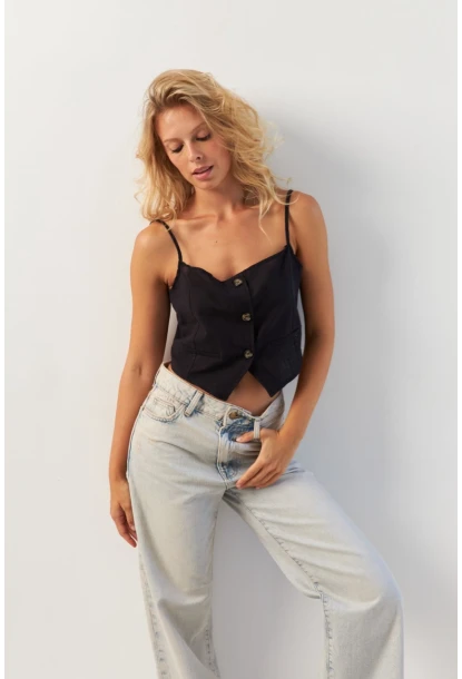 Kadın Siyah Düğmeli İp Askılı Yelek MP20153