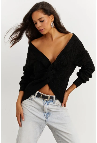 Kadın Siyah Düğümlü Triko Bluz MSS118