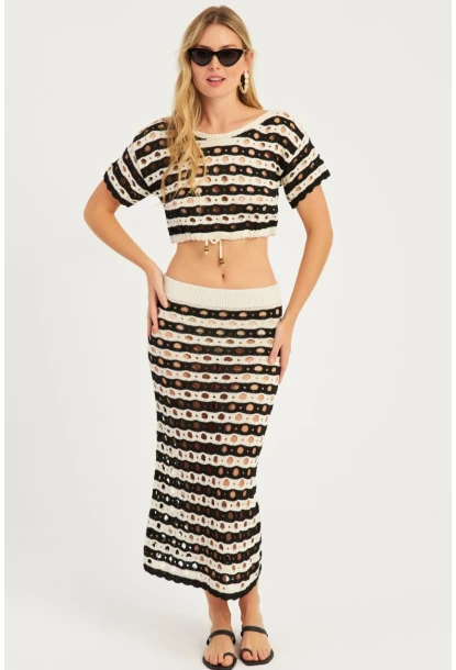 Kadın Siyah-Ekru Ajurlu Alt Üst Takım  MZU600