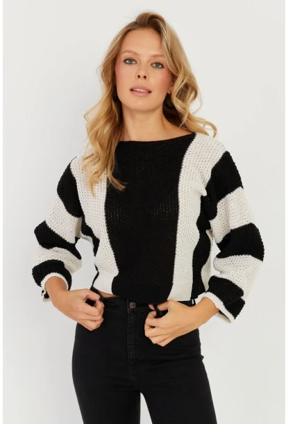 Kadın Siyah-Ekru Ajurlu Triko Kazak YV218