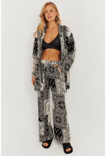 Kadın Siyah-Ekru Desenli Kimono Takım GÇ156