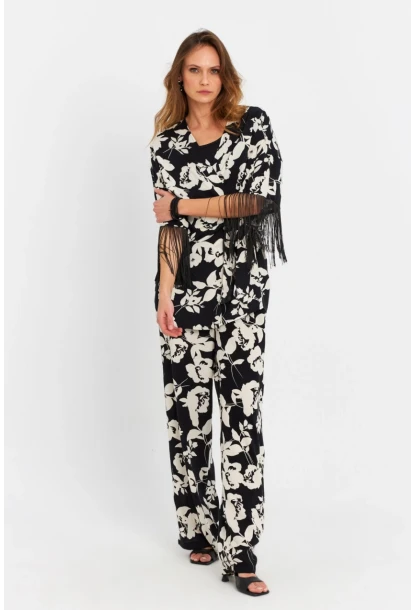 Kadın Siyah-Ekru Desenli Kimono Takım MELT1031