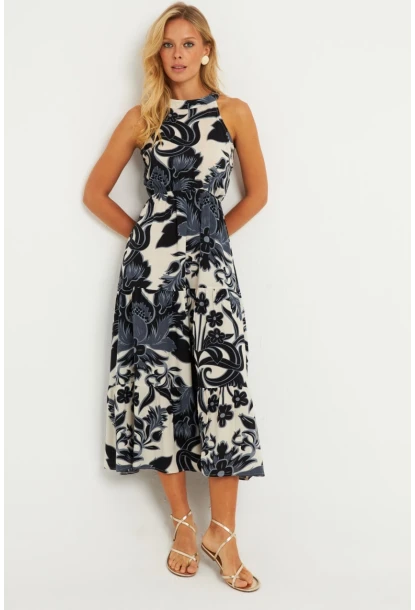 Kadın Siyah-Ekru Desenli Midi Elbise YZ1107