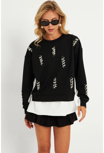 Kadın Siyah-Ekru İncili Sweatshirt MRLO01