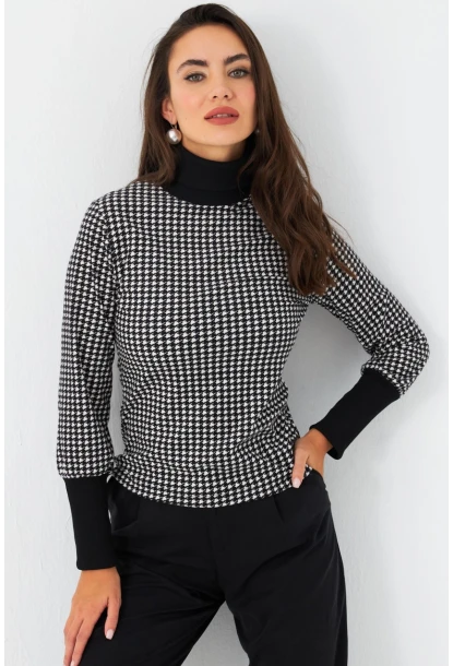 Kadın Siyah-Ekru Kazayağı Balıkçı Bluz EY2972