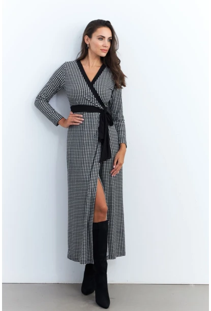 Kadın Siyah-Ekru Kruvaze Kazayağı Maxi Elbise EY2941