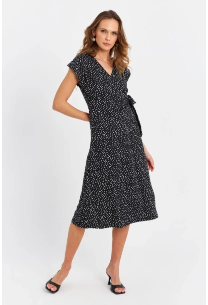 Kadın Siyah-Ekru Kruvaze Puantiyeli Midi Elbise EY3071