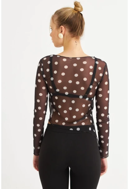 Kadın Siyah-Ekru Puantiyeli Tül Bluz RSP1740