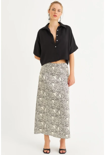 Kadın Siyah-Ekru Saten Midi Etek FİR1970
