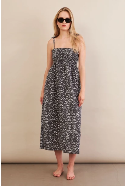 Kadın Siyah-ekru Straplez Çizgili Plaj Elbisesi