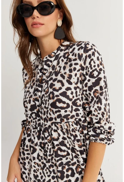 Kadın Siyah-Ekru Volanlı Desenli Maxi Elbise YLE14