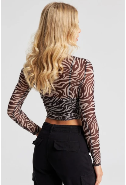 Kadın Siyah-Ekru Zebra Desenli Tül Bluz AYD262