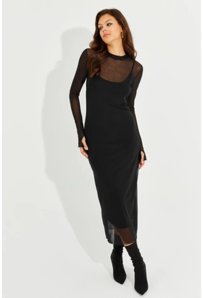 Kadın Siyah Eldivenli İkili Midi Tül Elbise MEN2006