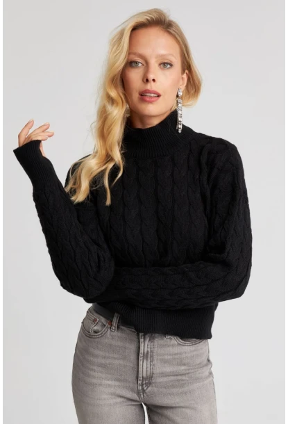 Kadın Siyah Eldivenli Triko Kazak MMİW1318