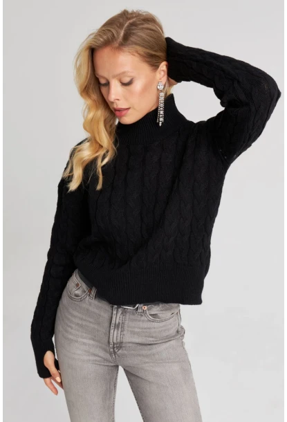 Kadın Siyah Eldivenli Triko Kazak MMİW1318