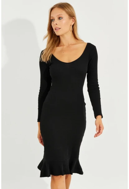 Kadın Siyah Eteği Volanlı Kaşkorse Midi Elbise Yİ2490